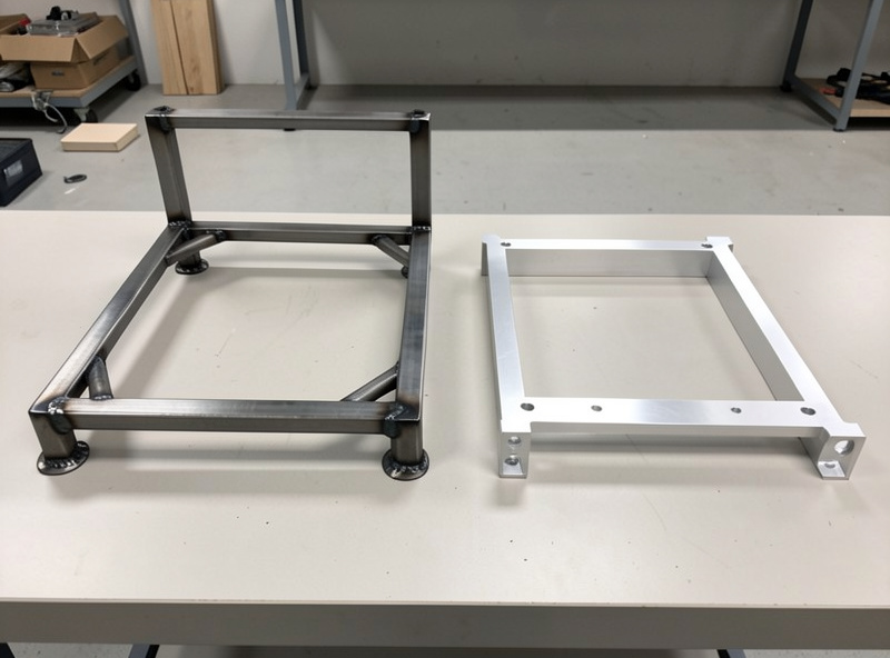 Side by side comparison of finished welded steel cart frame and CNC-routed aluminum bracket