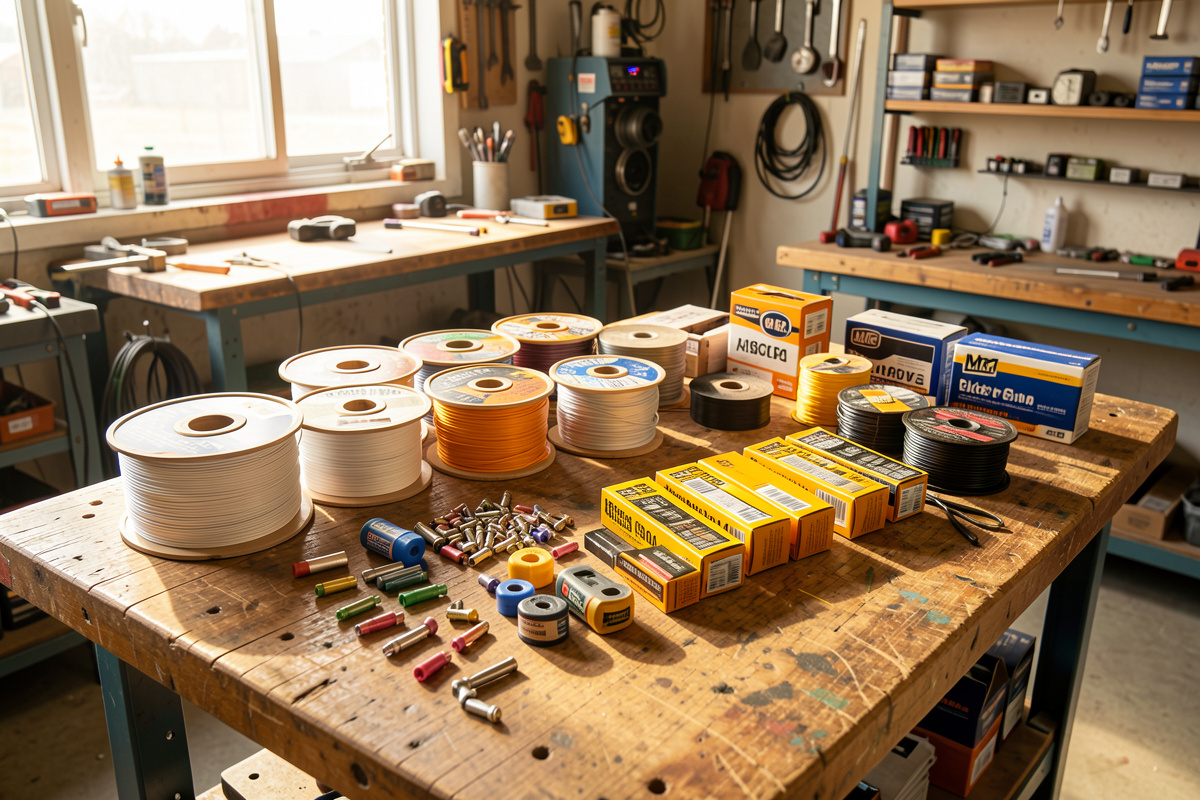 Home welding bench with spools of MIG wire, contact tips, and drive rolls laid out for selection