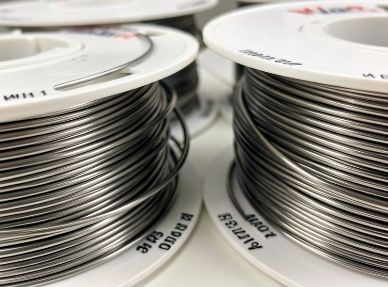 Close-up of solid steel and stainless MIG wire spools showing diameter labels