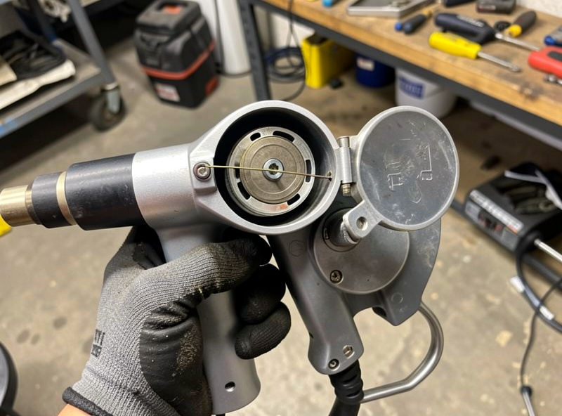 Gloved hand holding a MIG gun with the drive roll cover open showing the wire feed path