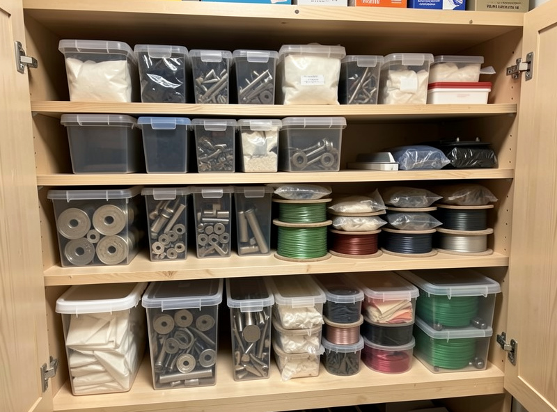 Shelf of welding consumables in sealed containers with desiccant packs against moisture