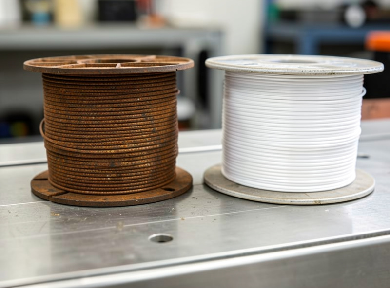 Close-up comparison of a rusted brown spool of MIG wire next to a clean bright spool