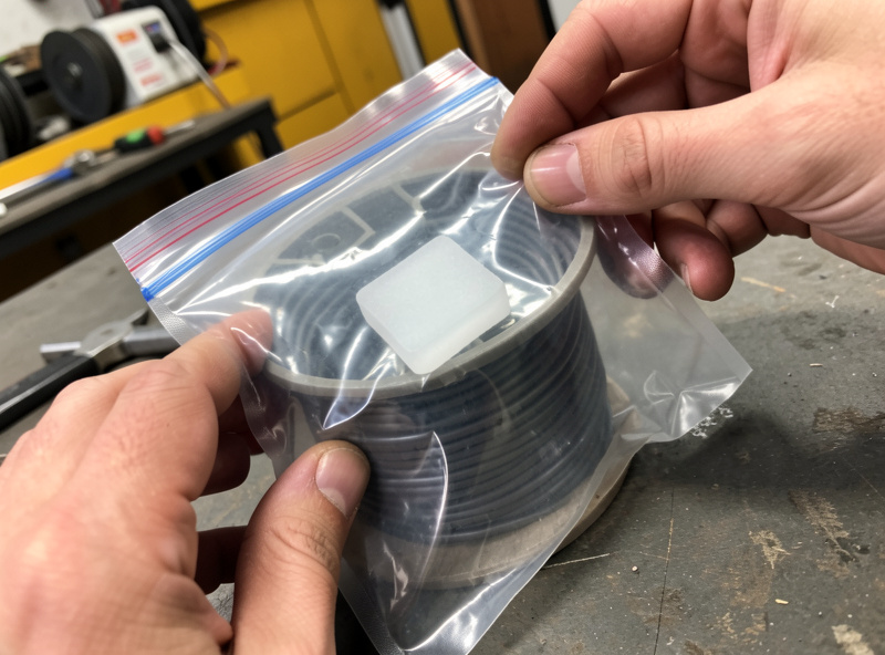 A spool of welding wire sealed inside a zip bag with a silica gel desiccant pack