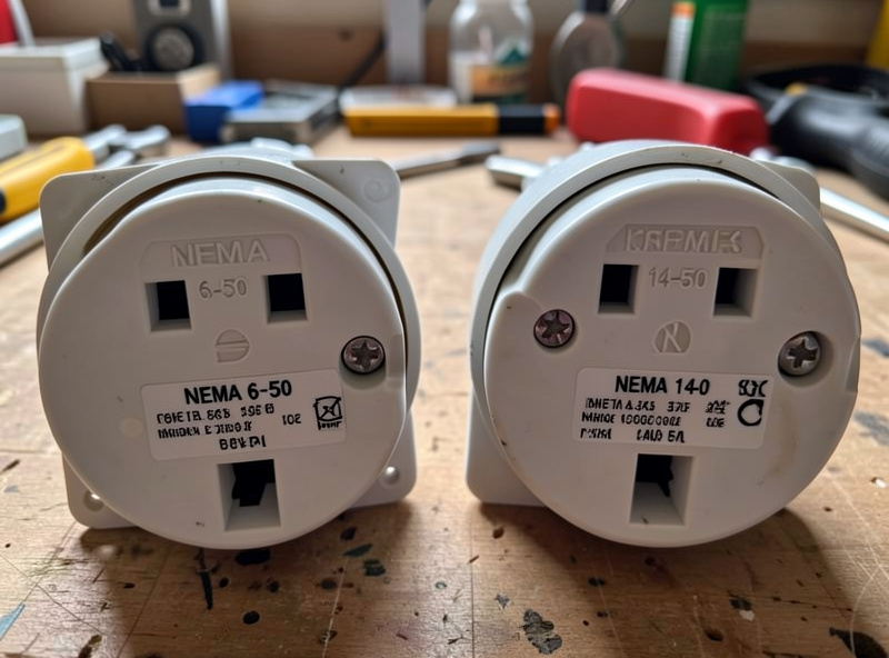 A NEMA 6-50 receptacle compared side by side with a NEMA 14-50 receptacle on a workbench