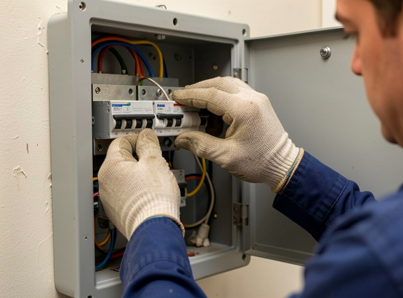 An electrician's gloved hands installing a double-pole breaker in a de-energized residential panel